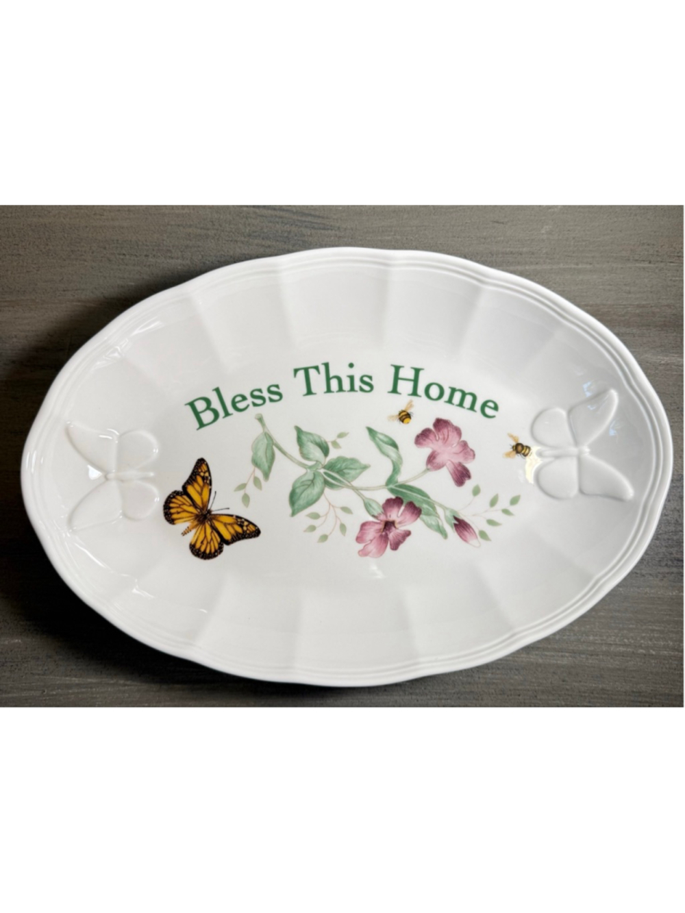 Lenox Butterfly Meadow "Bless This Home" porcelain serving tray 11 1/4 x 7 3/8” - Picture 6 of 7